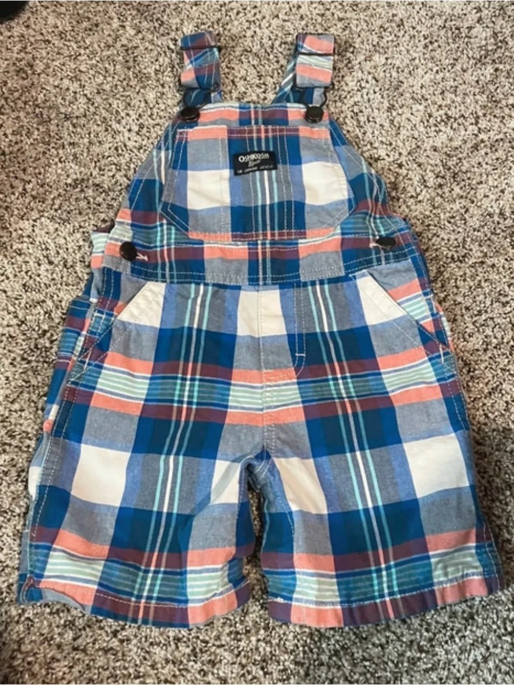 OshKosh B'gosh Plaid Shortalls in Blue, White and Coral